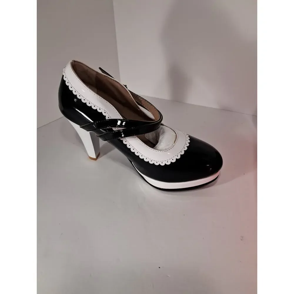 Mary Janes Clorblock White Black Retro Strappy Chunky Heel Pumps size 6